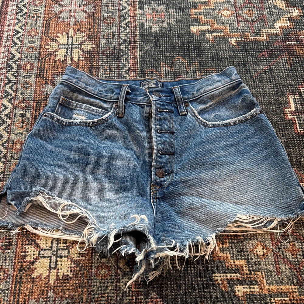Abercrombie & Fitch Natural Rise Distressed Blue Denim Shorts